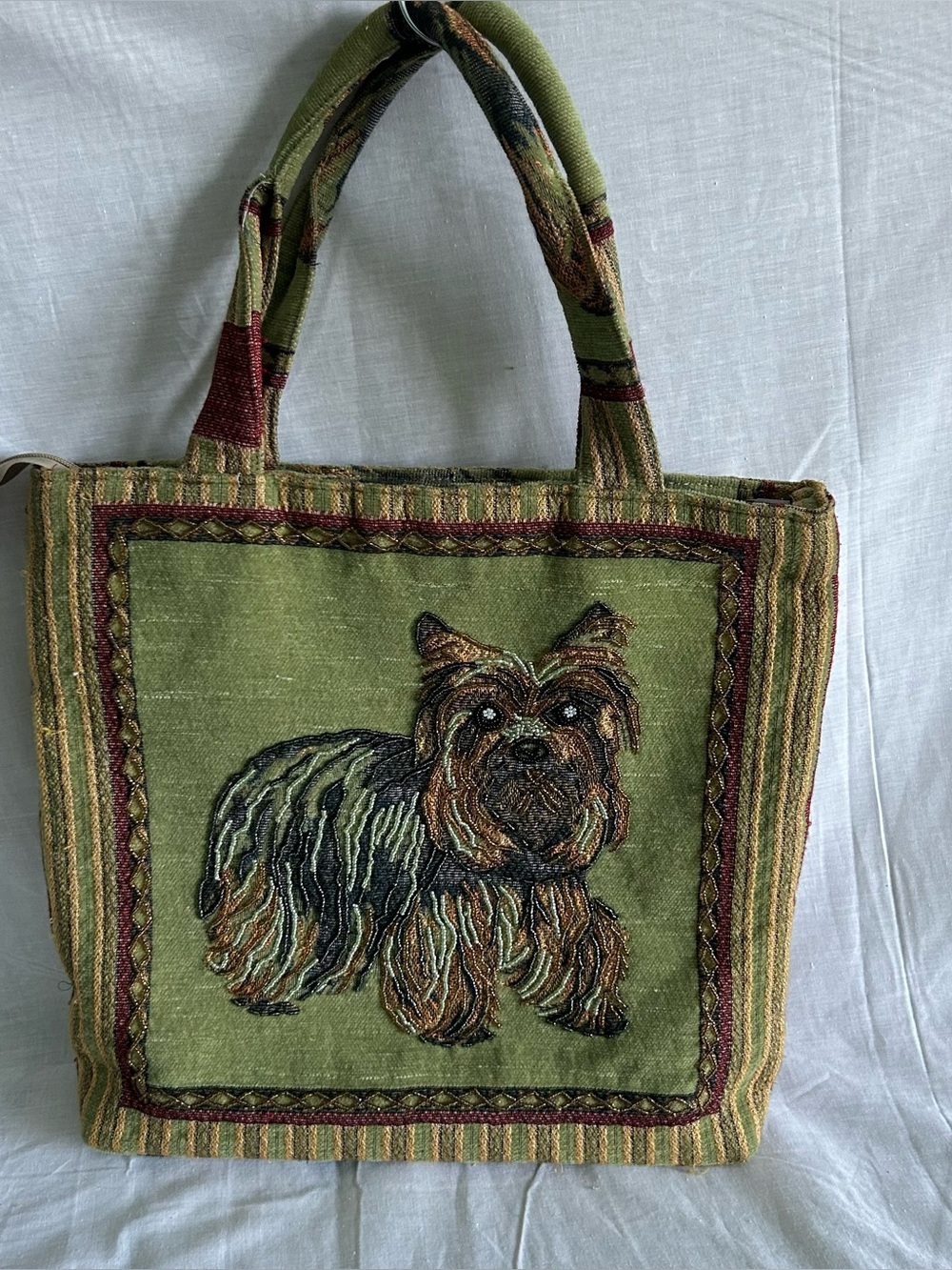 Vtg Yorkie Tapestry Tote Bag Double-Sided Hand Beaded Yorkshire Terrier Purse